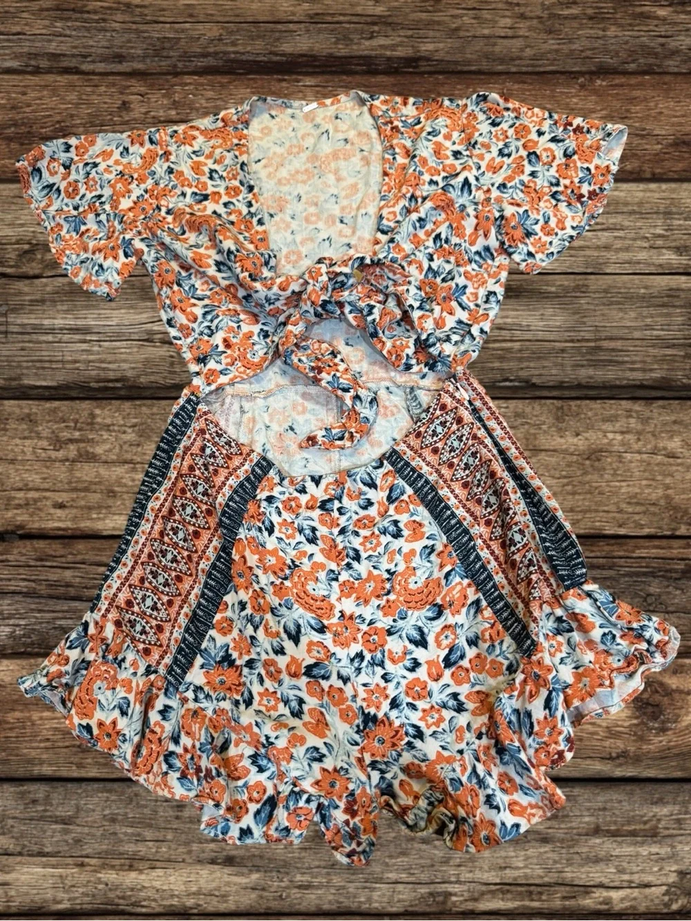Free People Surf Date Romper Orange Floral Cut Out Tie Front Boho Size XS
